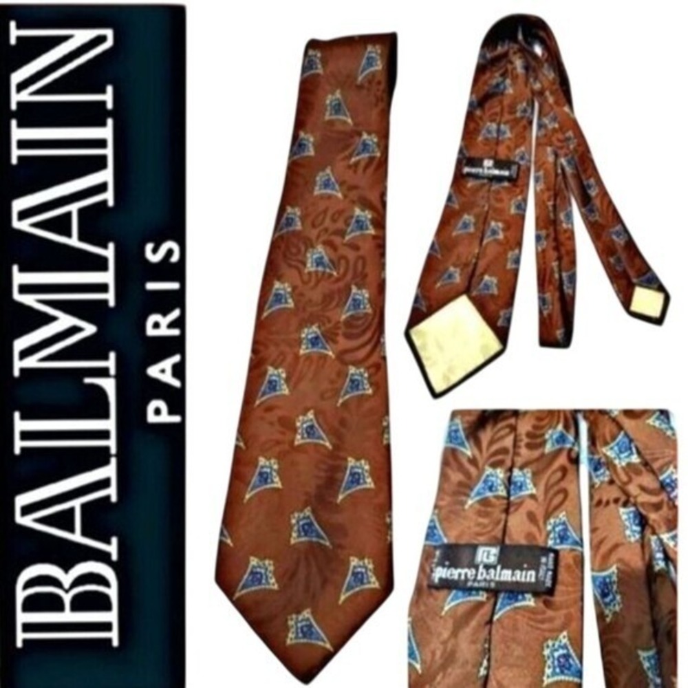 Pierre Balmain Necktie Silk Brown Geometric‎ Pattern Designer Tie